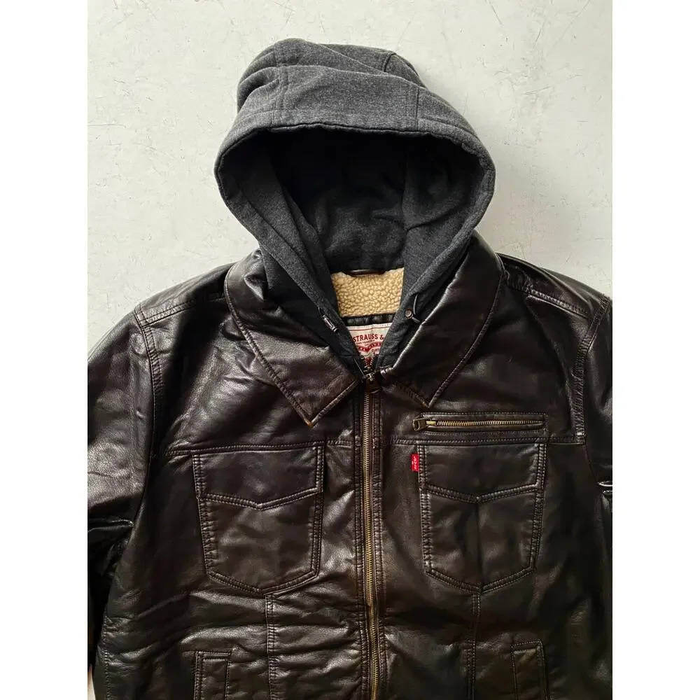 Levi's Levis Nwt Brown Faux Leather Sherpa Hooded Jacket Coat LM6XU027 2XL